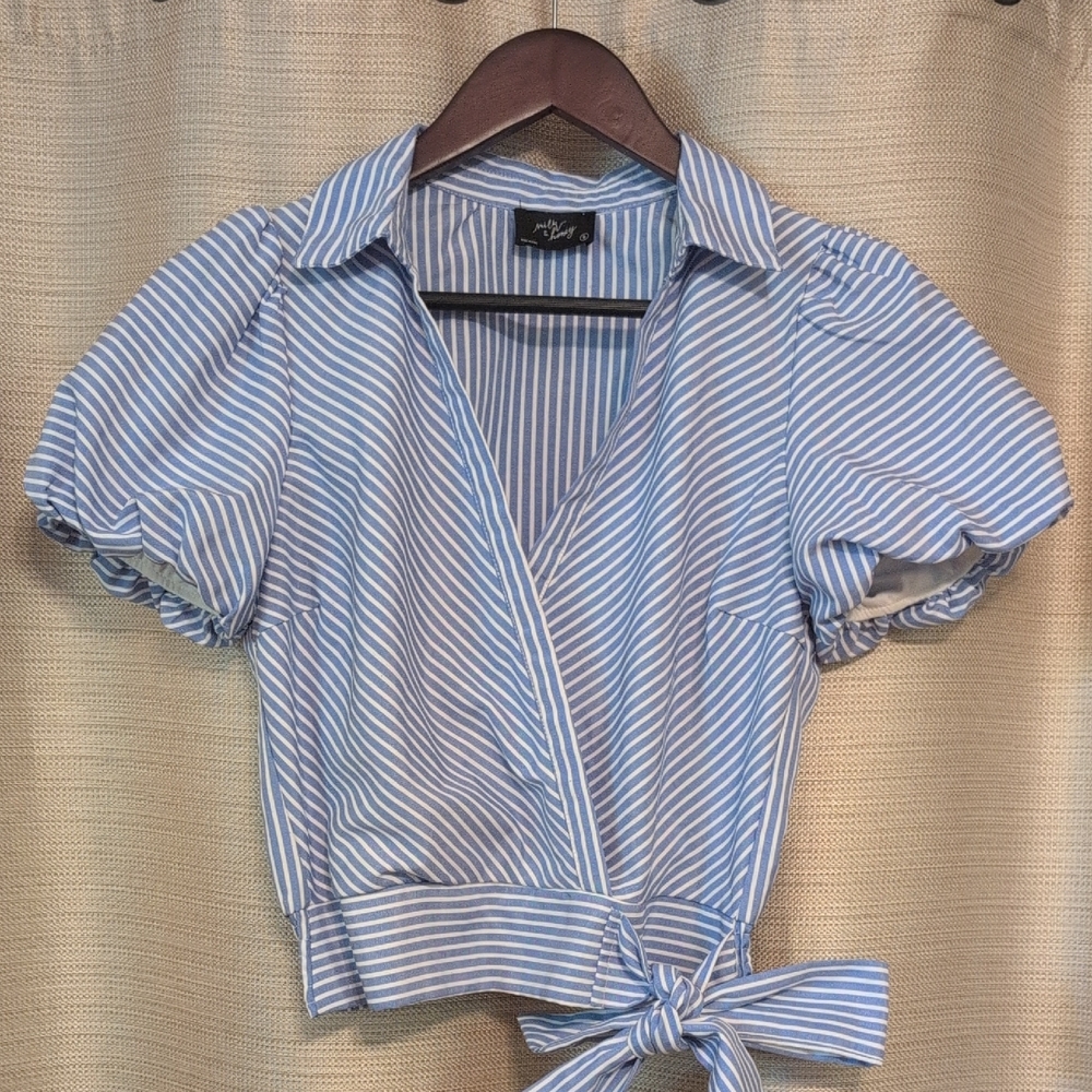 Chic Blue Striped Faux-Wrap Blouse